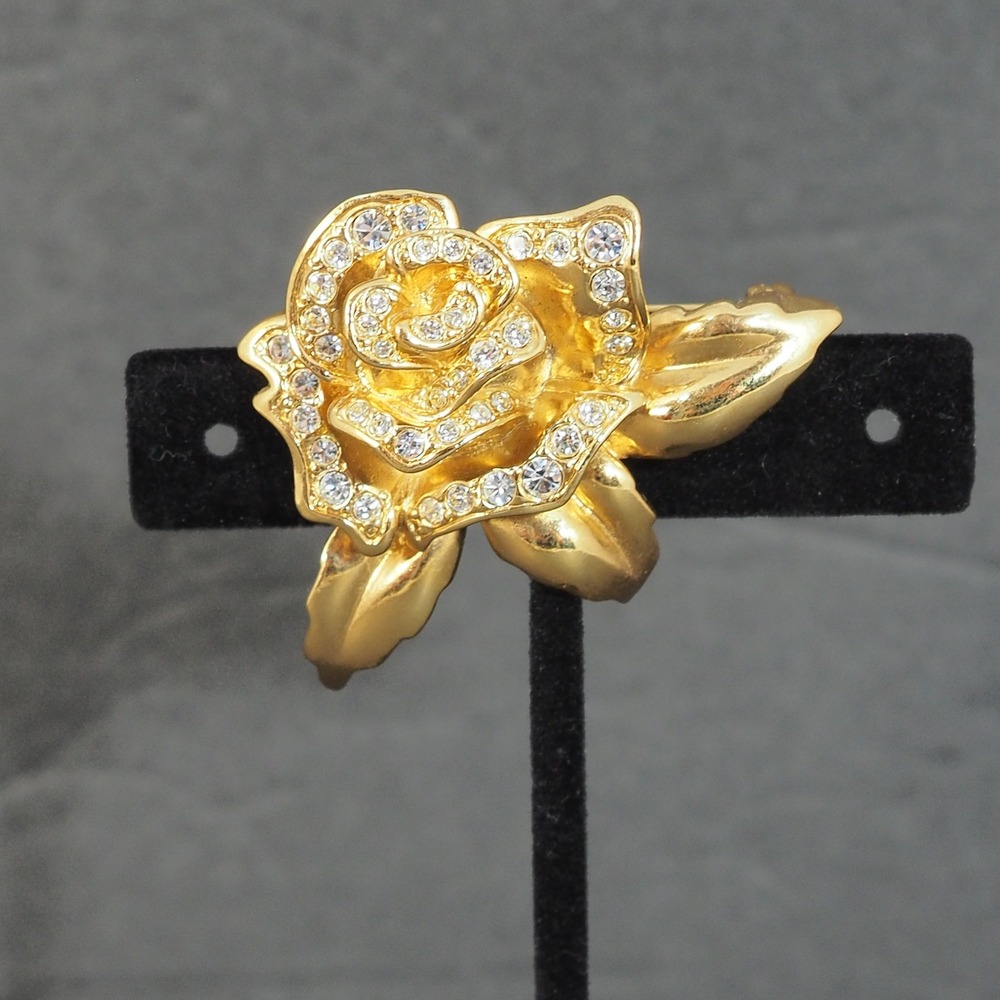Avon Gold Tone Rose Brooch Clear Rhinestone Large Floral Pin Figural Vintage